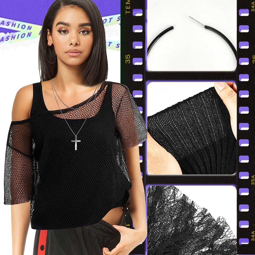 7648 80s Costume Outfit 1980s Headband Fishnet Off Shoulder - Picture 4 of 7